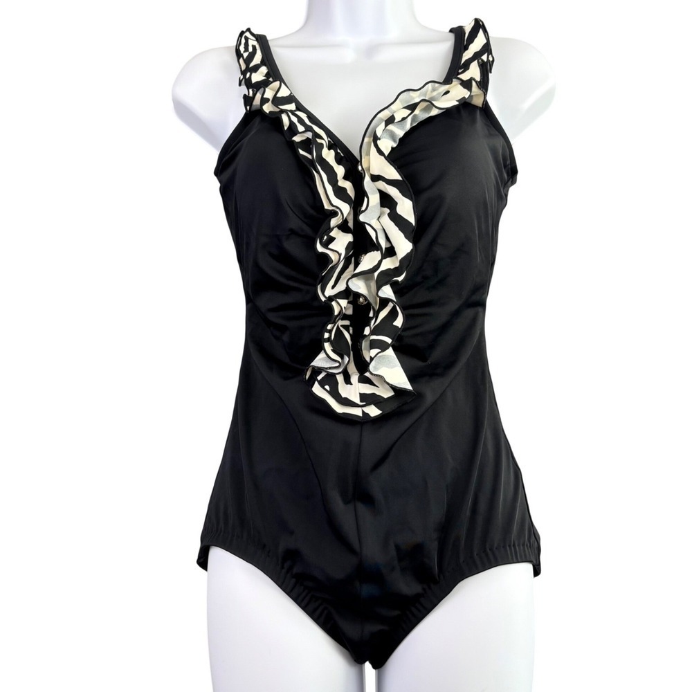 Maxine of Hollywood Womens 10 Black Zebra Ruffle One Piece Swimsuit
